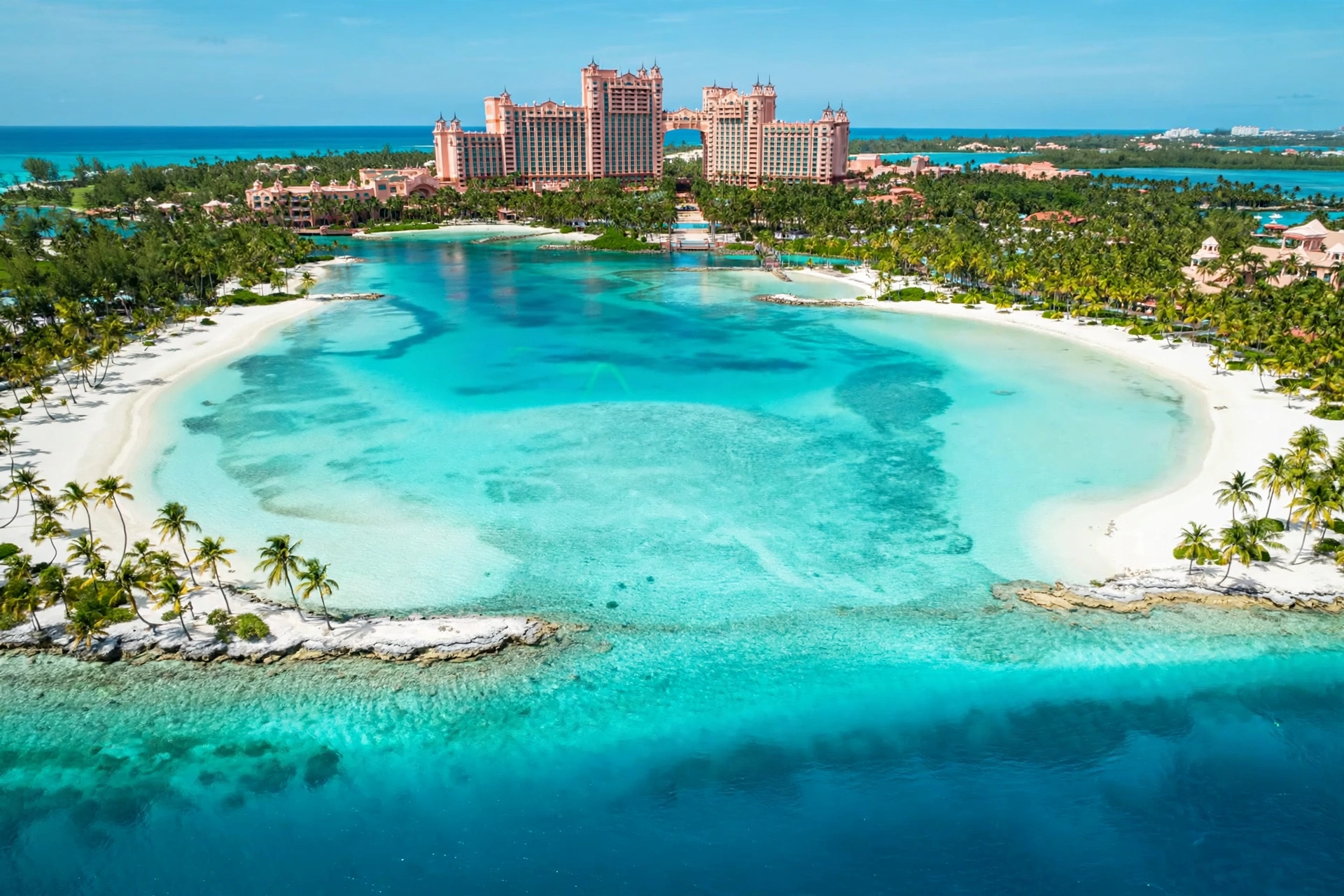 Atlantis Paradise Island coastal towers and turquoise ocean lagoons