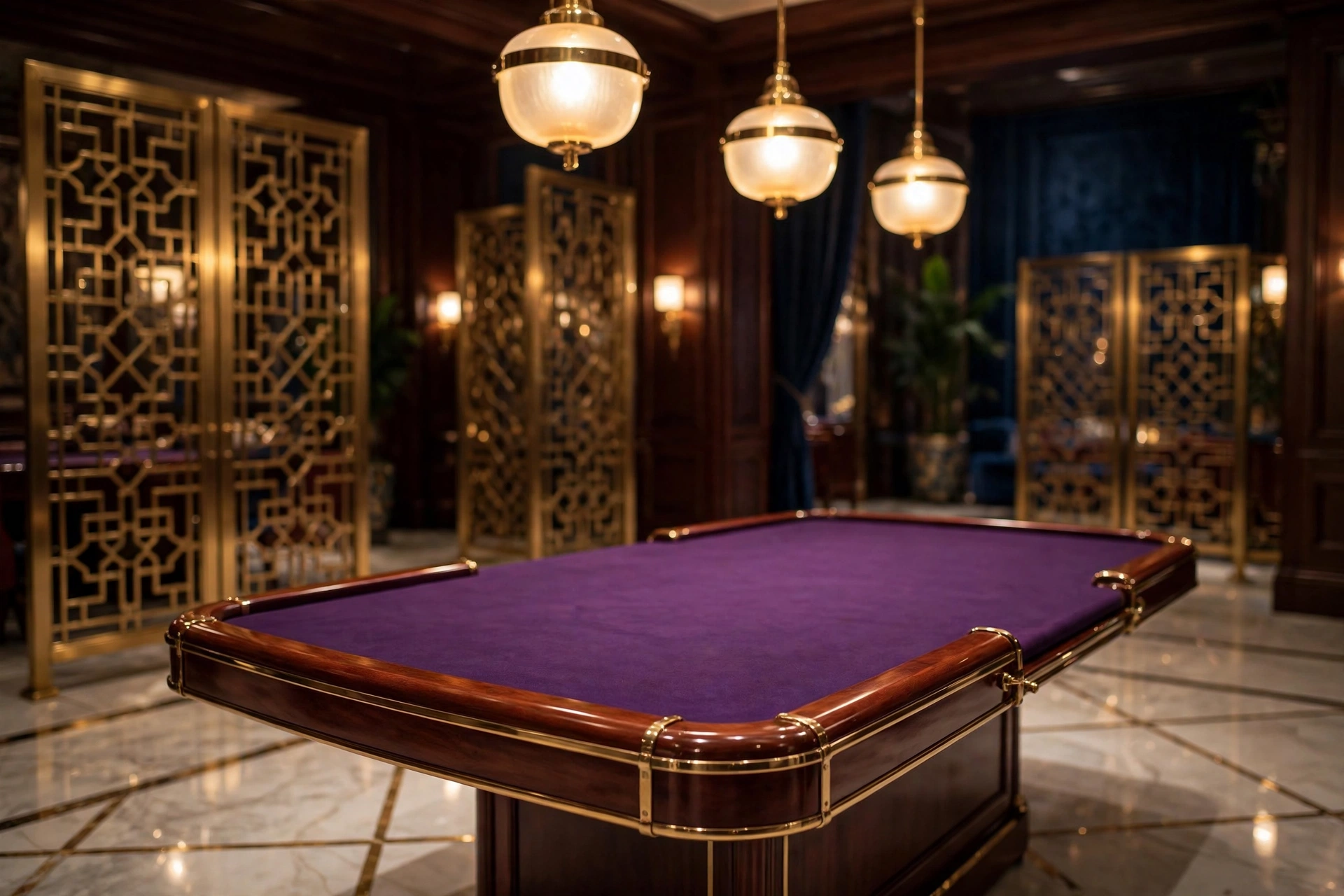 Interior view of luxury high-limit baccarat salon with rich mahogany tables